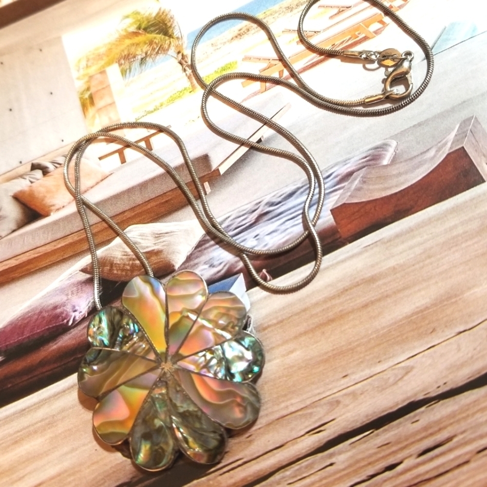 TAXCO Sterling Abalone Pendant/Brooch Vintage Necklace - Picture 4 of 6